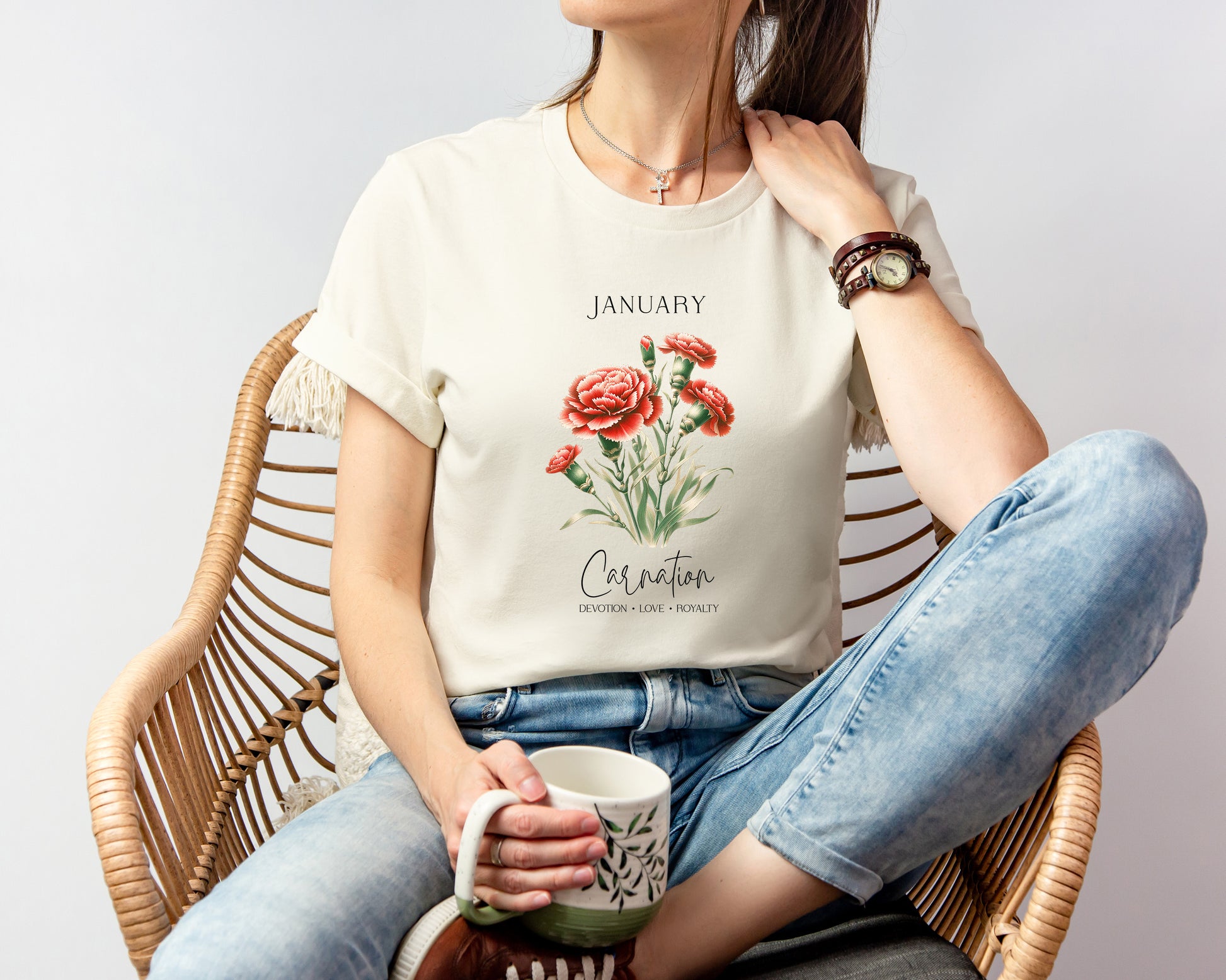 A t-shirt featuring a beautiful carnation for January with traits Devotion, Love, Loyalty. Perfect for January birthdays and floral art lovers. Comfortable and stylish for casual outings or celebrations. Bella+Canvas 3001 t-shirt in natural. ReadyShirtAim.com