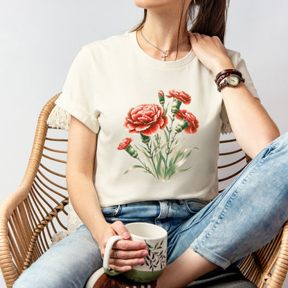 A t-shirt featuring a beautiful carnation for January. Perfect for January birthdays and floral art lovers. Comfortable and stylish for casual outings or celebrations. Bella+Canvas 3001 t-shirt in natural. ReadyShirtAim.com