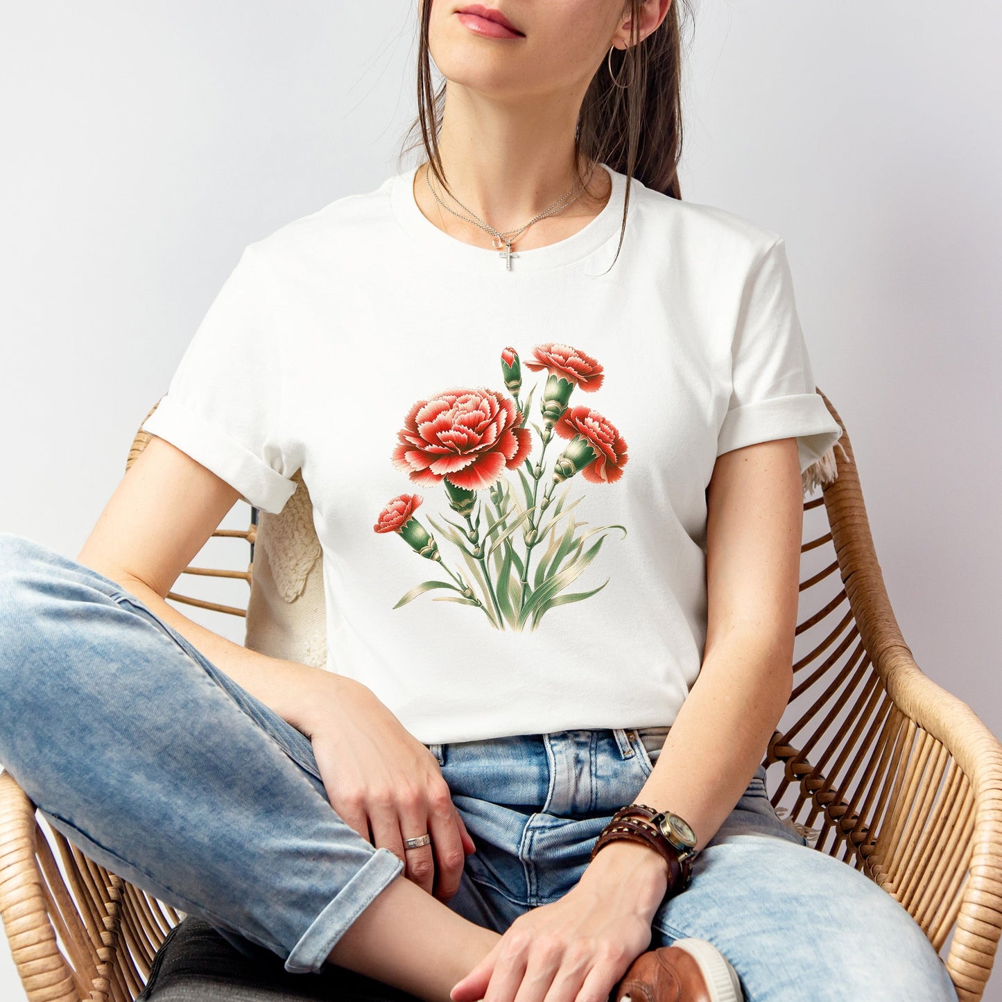 A t-shirt featuring a beautiful carnation for January. Perfect for January birthdays and floral art lovers. Comfortable and stylish for casual outings or celebrations. Bella+Canvas 3001 t-shirt in white. ReadyShirtAim.com