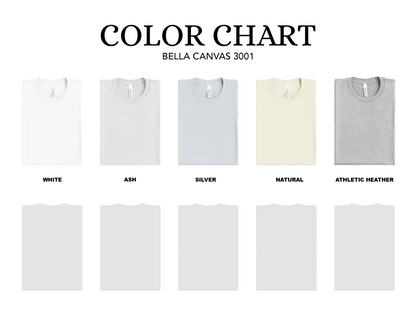 Bella+Canvas 3001 t-shirt color chart, 5 colors available - white, ash, silver, natural and athletic heather. ReadyShirtAim.com 