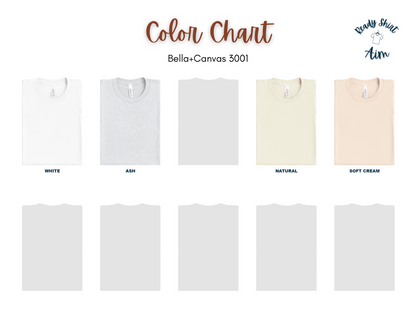 Bella+Canvas 3001 t-shirt color chart, 4 colors available - white, ash, natural and soft cream. ReadyShirtAim.com 