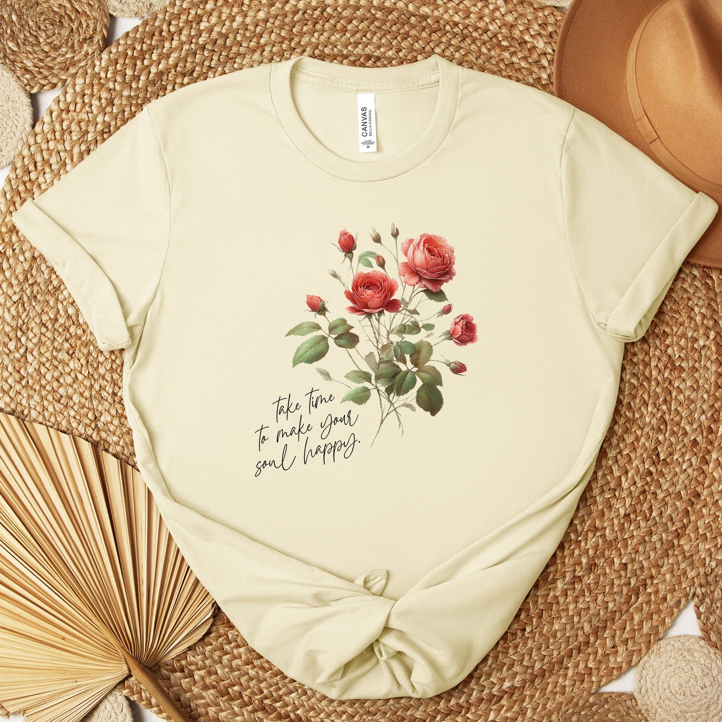 A t-shirt featuring a beautiful rose for June with the quote “Take time to make your soul happy.” Perfect for June birthdays and floral art lovers. Comfortable and stylish for casual outings or celebrations. Bella+Canvas 3001 t-shirt in natural. ReadyShirtAim.com