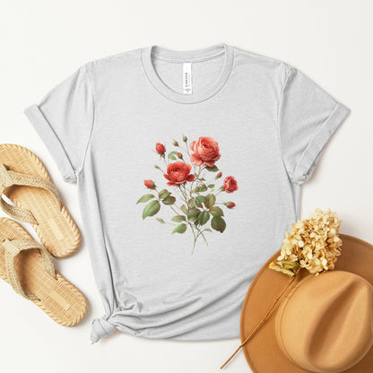 A t-shirt featuring a beautiful rose for June. Perfect for June birthdays and floral art lovers. Comfortable and stylish for casual outings or celebrations. Bella+Canvas 3001 t-shirt in ash. ReadyShirtAim.com