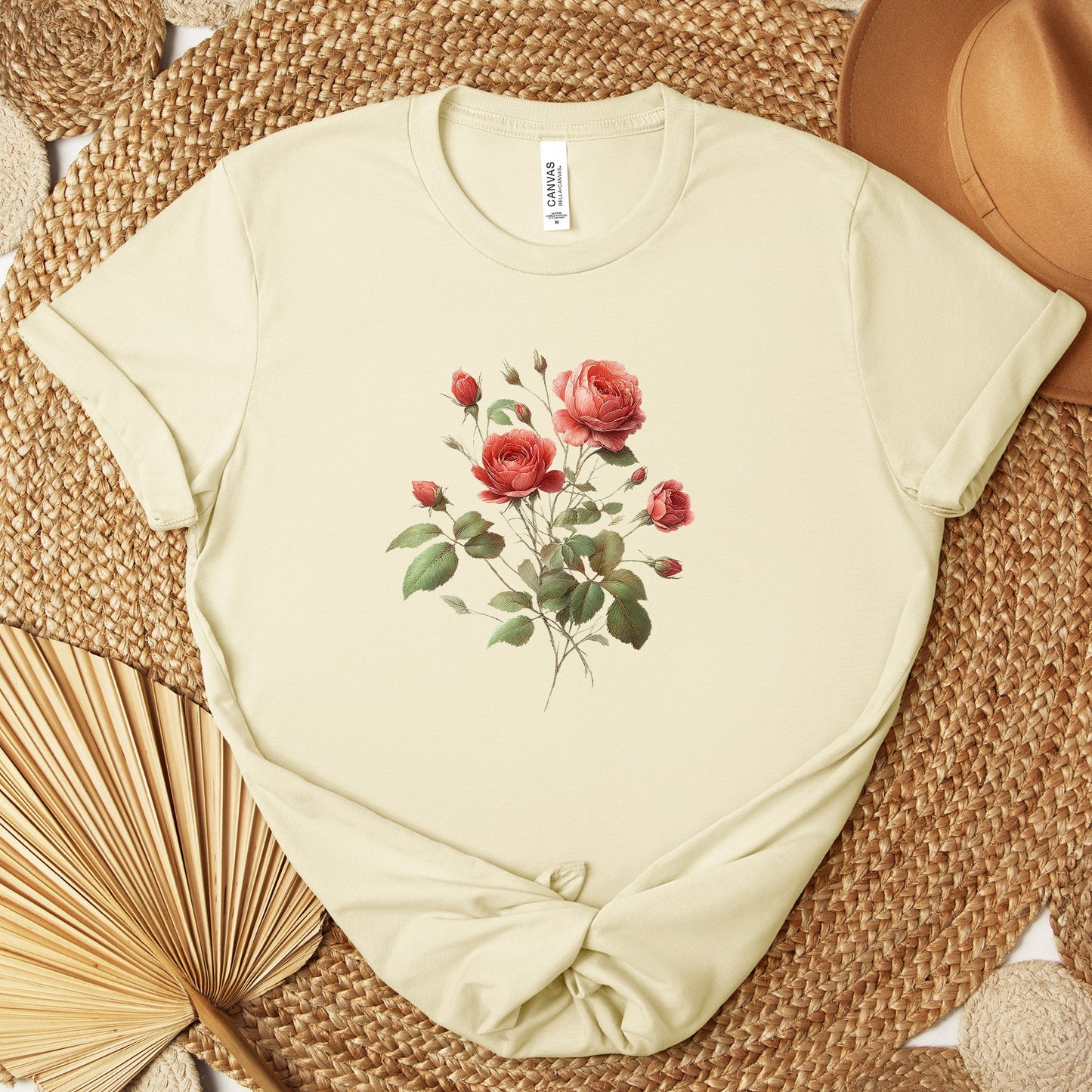 A t-shirt featuring a beautiful rose for June. Perfect for June birthdays and floral art lovers. Comfortable and stylish for casual outings or celebrations. Bella+Canvas 3001 t-shirt in natural. ReadyShirtAim.com