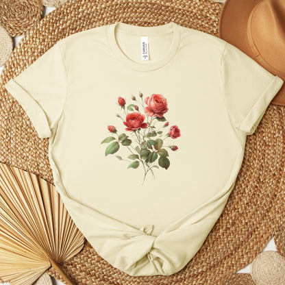 A t-shirt featuring a beautiful rose for June. Perfect for June birthdays and floral art lovers. Comfortable and stylish for casual outings or celebrations. Bella+Canvas 3001 t-shirt in natural. ReadyShirtAim.com