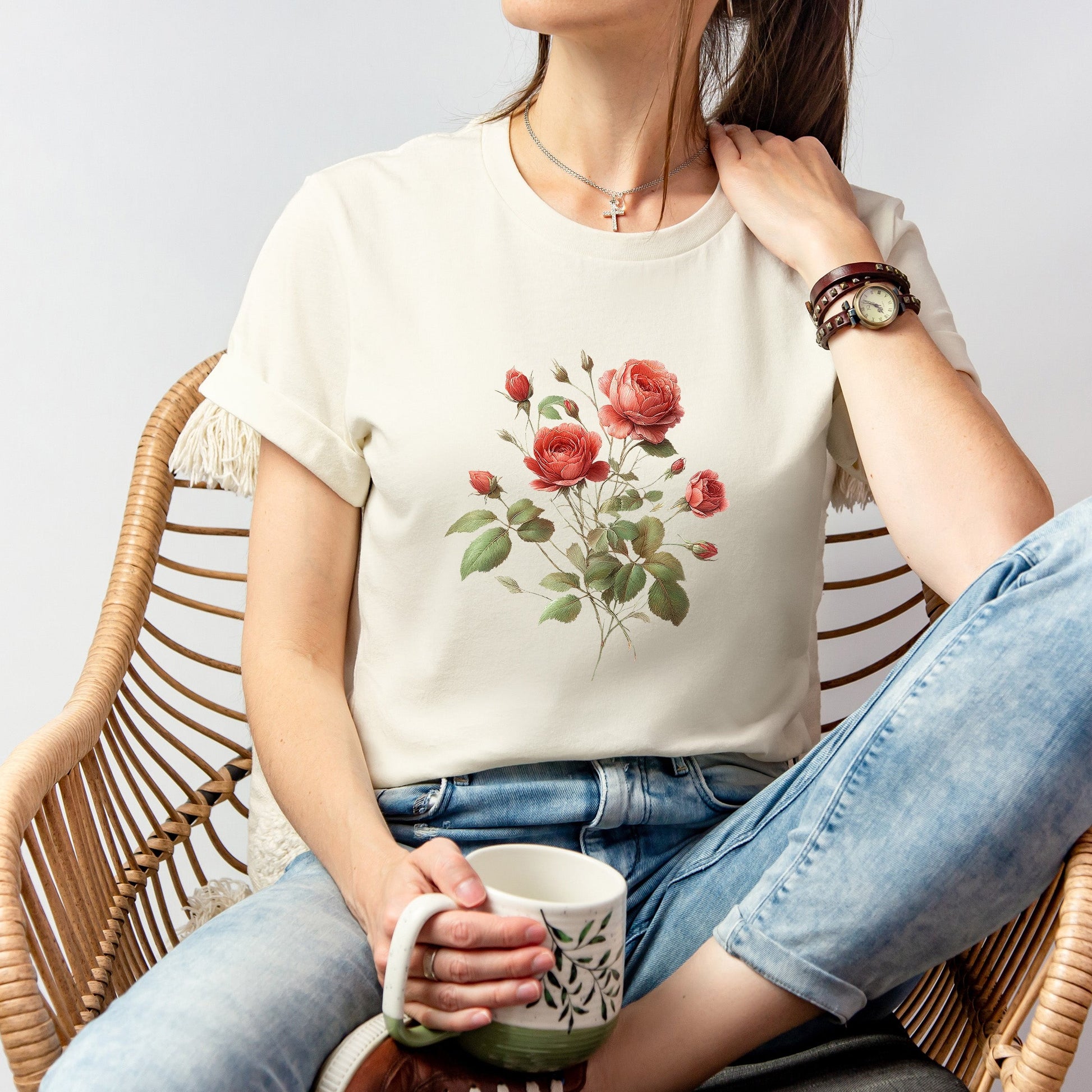 A t-shirt featuring a beautiful rose for June. Perfect for June birthdays and floral art lovers. Comfortable and stylish for casual outings or celebrations. Bella+Canvas 3001 t-shirt in natural. ReadyShirtAim.com