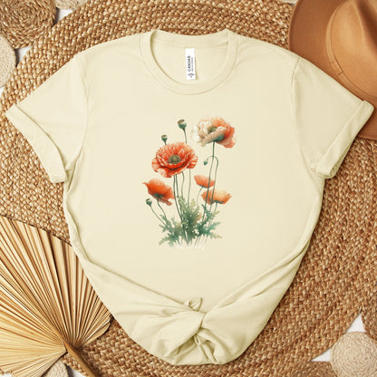 A t-shirt featuring a beautiful poppy for August. Perfect for August birthdays and floral art lovers. Comfortable and stylish for casual outings or celebrations. Bella+Canvas 3001 t-shirt in natural. ReadyShirtAim.com