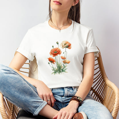 A t-shirt featuring a beautiful poppy for August. Perfect for August birthdays and floral art lovers. Comfortable and stylish for casual outings or celebrations. Bella+Canvas 3001 t-shirt in white. ReadyShirtAim.com