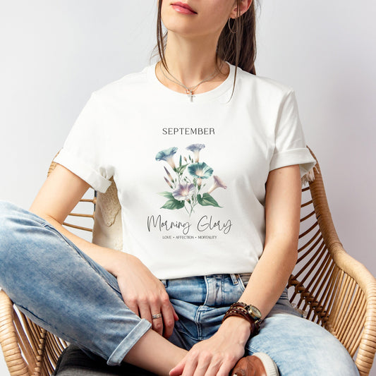 A t-shirt featuring a beautiful morning glory for September with traits Love, Affection, Mortality. Perfect for September birthdays and floral art lovers. Comfortable and stylish for casual outings or celebrations. Bella+Canvas 3001 t-shirt in white. ReadyShirtAim.com