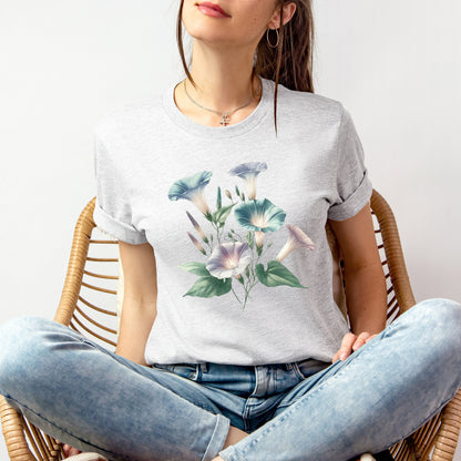 A t-shirt featuring a beautiful morning glory for September. Perfect for September birthdays and floral art lovers. Comfortable and stylish for casual outings or celebrations. Bella+Canvas 3001 t-shirt in ash. ReadyShirtAim.com