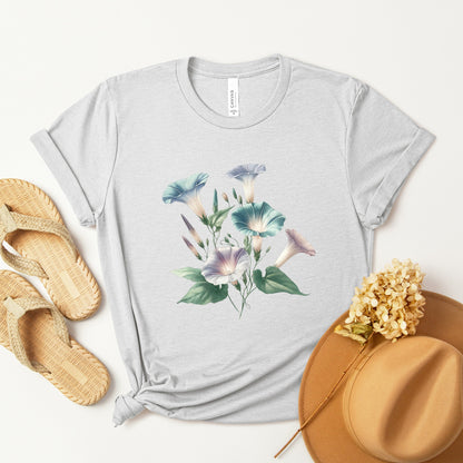 A t-shirt featuring a beautiful morning glory for September. Perfect for September birthdays and floral art lovers. Comfortable and stylish for casual outings or celebrations. Bella+Canvas 3001 t-shirt in ash. ReadyShirtAim.com