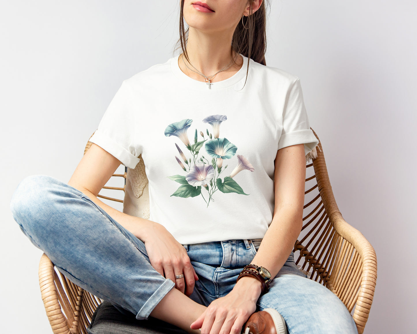 A t-shirt featuring a beautiful morning glory for September. Perfect for September birthdays and floral art lovers. Comfortable and stylish for casual outings or celebrations. Bella+Canvas 3001 t-shirt in white. ReadyShirtAim.com