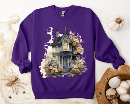 Halloween Boho Sweatshirt for Women featuring a haunted house illustration with boho design elements. Perfect for autumn festivities and casual wear. Gildan 18000 sweatshirt in Purple. ReadyShirtAim.com