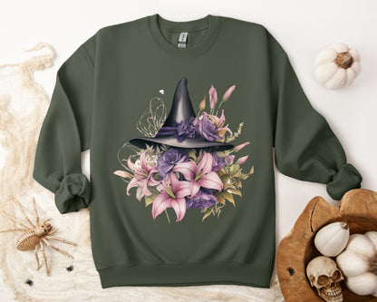 Enchanting Bohemian Witch Hat Sweatshirt with a watercolor illustration of a black witch hat surrounded by flowers in purple, pink, and green tones. Available in multiple dark ang light colors and sizes. Gildan 18000 sweatshirt in Military Green. ReadyShirtAim.com