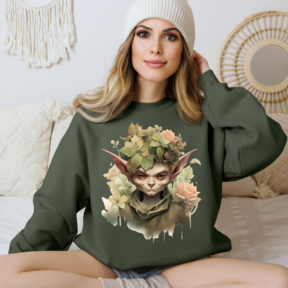 Whimsical Goblin & Floral Boho Halloween Sweatshirt for women. Features a charming goblin surrounded by delicate florals. Perfect for Halloween celebrations. Available in multiple dark and light colors and sizes. Gildan 18000 sweatshirt in Military Green. ReadyShirtAim.com