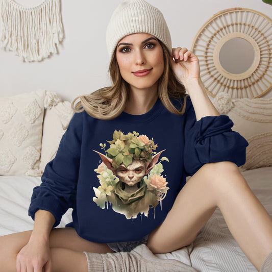 Whimsical Goblin & Floral Boho Halloween Sweatshirt for women. Features a charming goblin surrounded by delicate florals. Perfect for Halloween celebrations. Available in multiple dark and light colors and sizes. Gildan 18000 sweatshirt in Navy. ReadyShirtAim.com