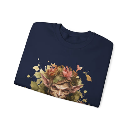 Boho Goblin Magic Halloween Sweatshirt for women. Features a charming goblin surrounded by muted florals. Perfect for Halloween celebrations. Available in multiple dark and light colors and sizes. Gildan 18000 sweatshirt in Navy. ReadyShirtAim.com