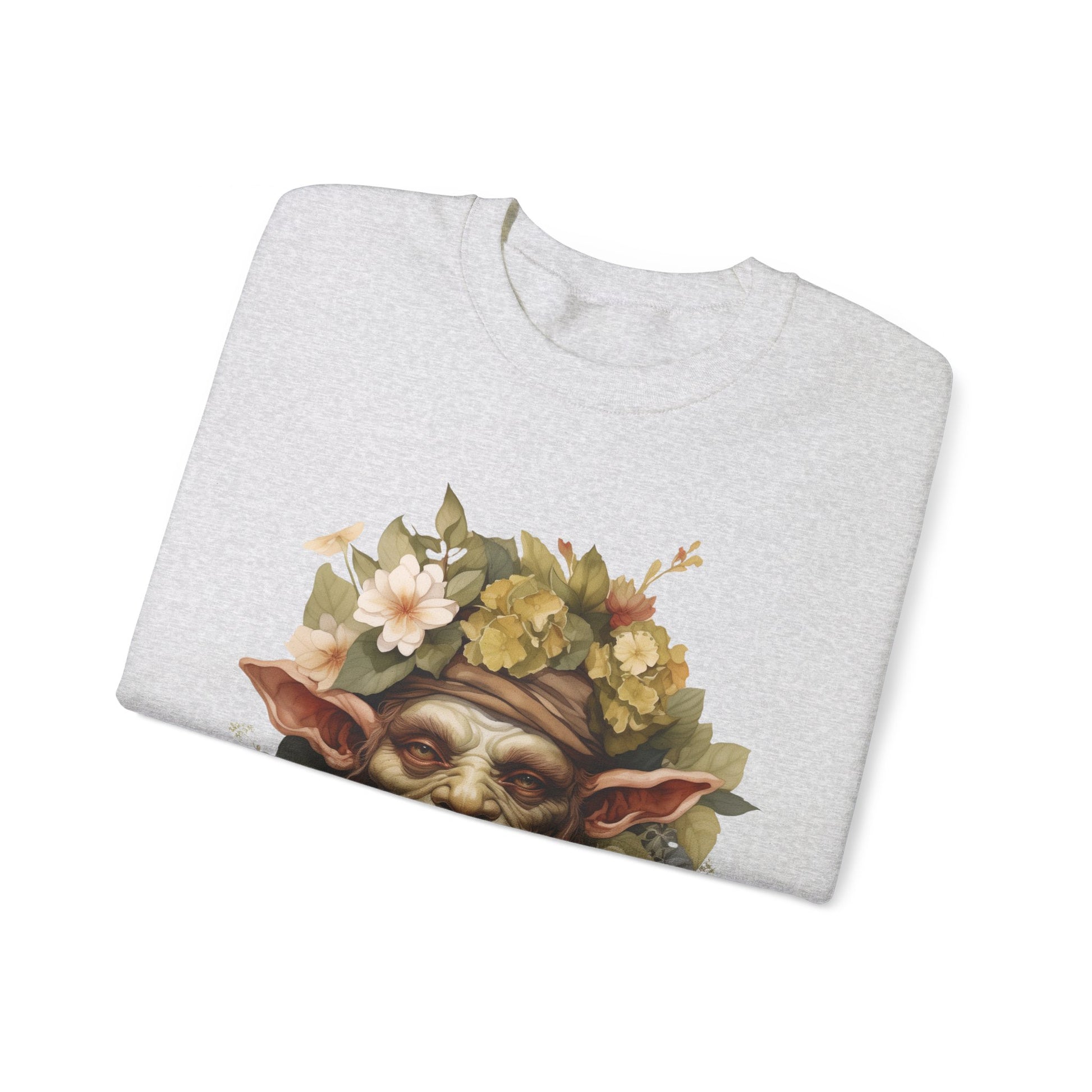 Creepy Cute Goblin Floral Boho Halloween Sweatshirt for women. Features a charming goblin surrounded by muted florals. Perfect for Halloween celebrations. Available in multiple dark and light colors and sizes. Gildan 18000 sweatshirt in ash. ReadyShirtAim.com