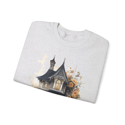 Halloween Boho Sweatshirt for Women featuring a haunted house illustration with boho design elements. Perfect for autumn festivities and casual wear. Available in multiple dark and light colors and sizes. Gildan 18000 sweatshirt in Ash. ReadyShirtAim.com