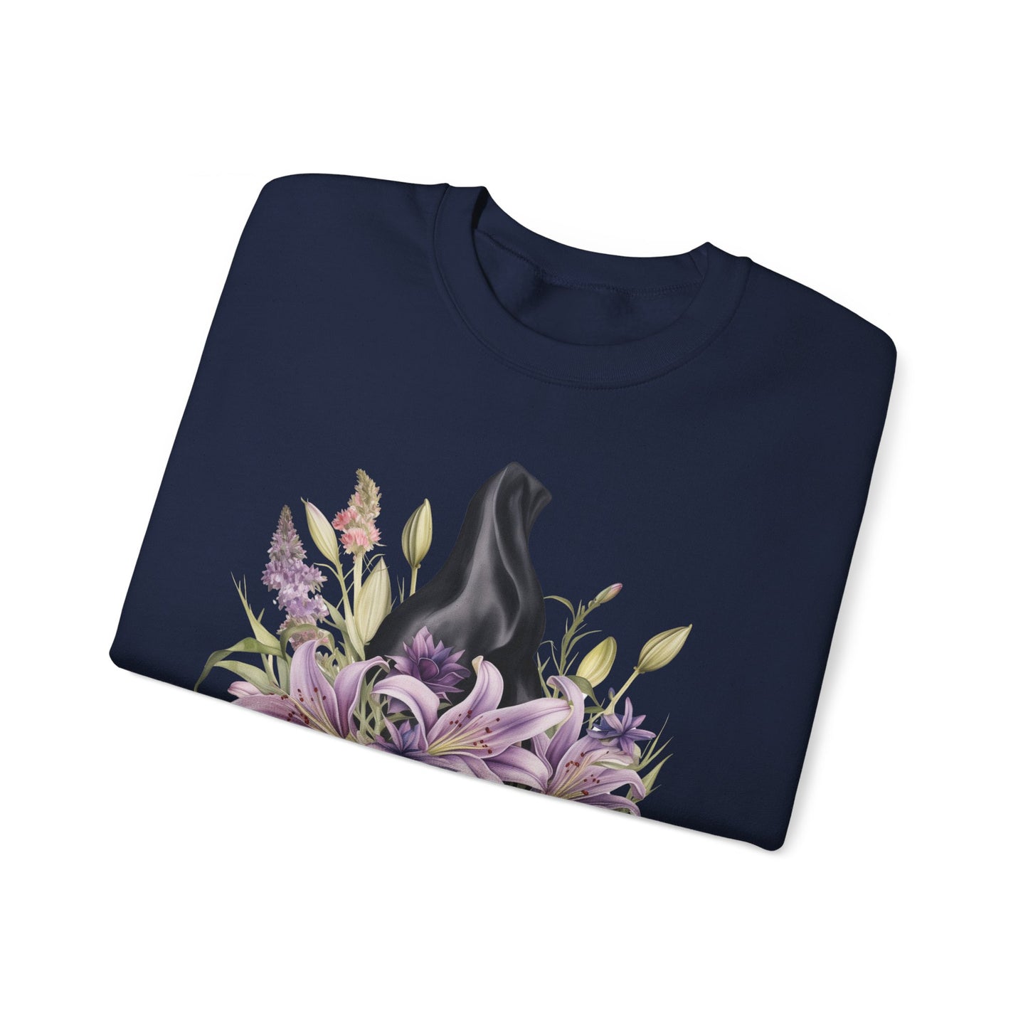 Mystical Floral Witch Hat Sweatshirt featuring a watercolor illustration of a black witch hat with flowers in purple, pink, and green. Available in multiple dark and light colors and sizes. Gildan 18000 sweatshirt in Navy. ReadyShirtAim.com