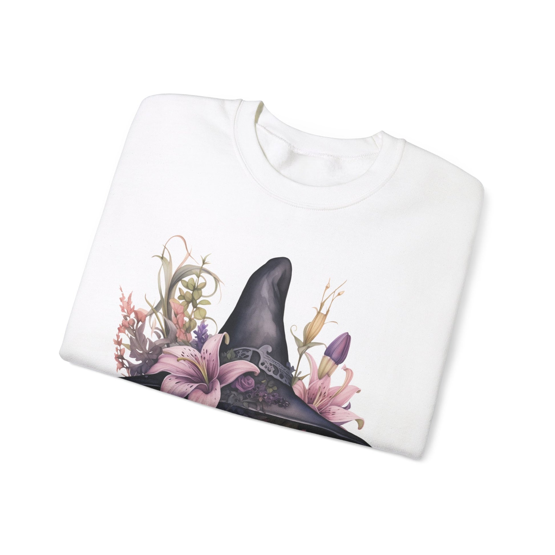 Charming Witch Hat & Flowers Sweatshirt with a watercolor illustration of a black witch hat and flowers in purple, pink, and green. Available in multiple dark and light colors and sizes. Gildan 18000 sweatshirt in white. ReadyShirtAim.com