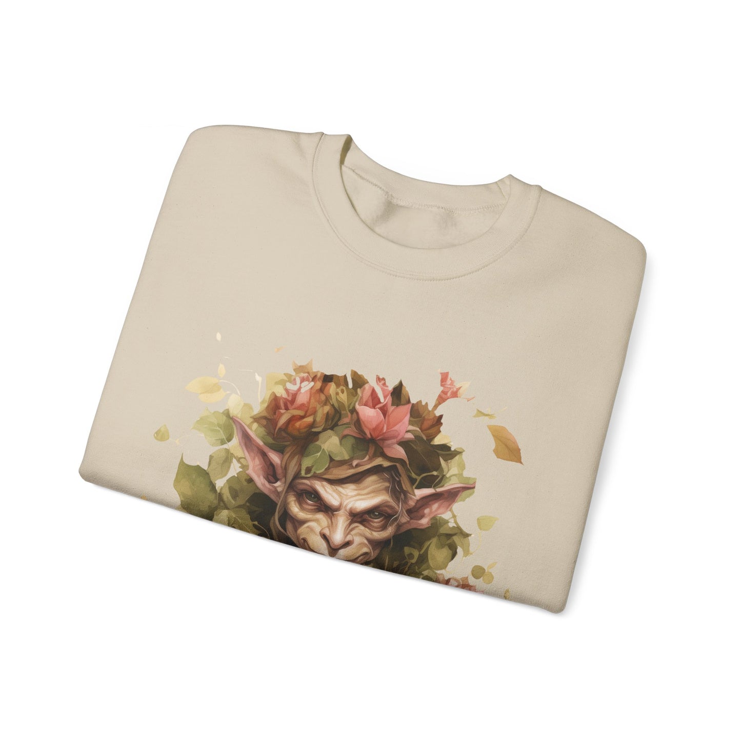 Boho Goblin Magic Halloween Sweatshirt for women. Features a charming goblin surrounded by muted florals. Perfect for Halloween celebrations. Available in multiple dark and light colors and sizes. Gildan 18000 sweatshirt in Sand. ReadyShirtAim.com