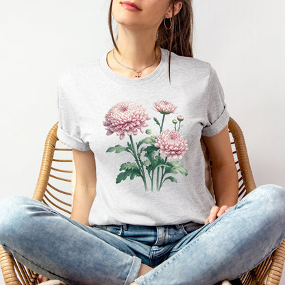 A t-shirt featuring a beautiful chrysanthemum for November. Perfect for November birthdays and floral art lovers. Comfortable and stylish for casual outings or celebrations. Bella+Canvas 3001 t-shirt in ash. ReadyShirtAim.com