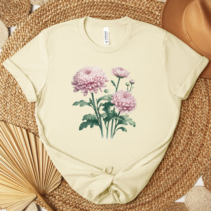 A t-shirt featuring a beautiful chrysanthemum for November. Perfect for November birthdays and floral art lovers. Comfortable and stylish for casual outings or celebrations. Bella+Canvas 3001 t-shirt in natural. ReadyShirtAim.com