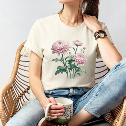 A t-shirt featuring a beautiful chrysanthemum for November. Perfect for November birthdays and floral art lovers. Comfortable and stylish for casual outings or celebrations. Bella+Canvas 3001 t-shirt in natural. ReadyShirtAim.com