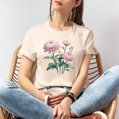 A t-shirt featuring a beautiful chrysanthemum for November. Perfect for November birthdays and floral art lovers. Comfortable and stylish for casual outings or celebrations. Bella+Canvas 3001 t-shirt in soft cream. ReadyShirtAim.com