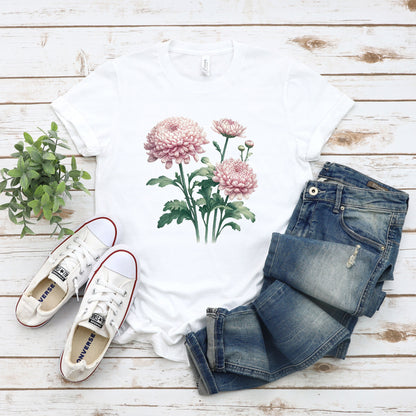 A t-shirt featuring a beautiful chrysanthemum for November. Perfect for November birthdays and floral art lovers. Comfortable and stylish for casual outings or celebrations. Bella+Canvas 3001 t-shirt in white. ReadyShirtAim.com