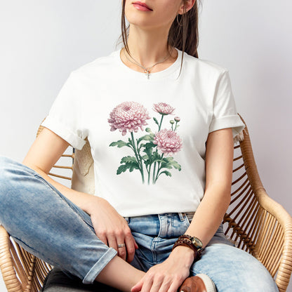 A t-shirt featuring a beautiful chrysanthemum for November. Perfect for November birthdays and floral art lovers. Comfortable and stylish for casual outings or celebrations. Bella+Canvas 3001 t-shirt in white. ReadyShirtAim.com