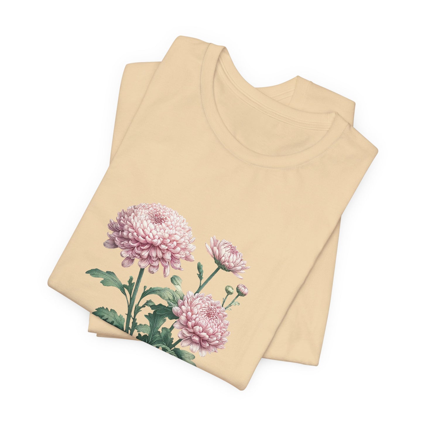 A t-shirt featuring a beautiful chrysanthemum for November. Perfect for November birthdays and floral art lovers. Comfortable and stylish for casual outings or celebrations. Bella+Canvas 3001 t-shirt in soft cream. ReadyShirtAim.com