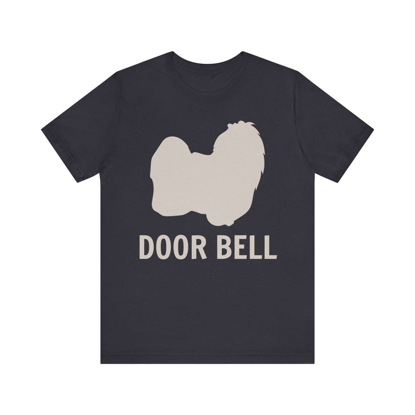 "Door Bell" Maltese Dog T-Shirt for Unisex with a beige silhouette of a Maltese dog and playful "Door Bell" text underneath. Ideal for dog lovers with a sense of humor. Available in multiple colors and sizes. Bella+Canvas 3001 t-shirt in dark grey. ReadyShirtAim.com