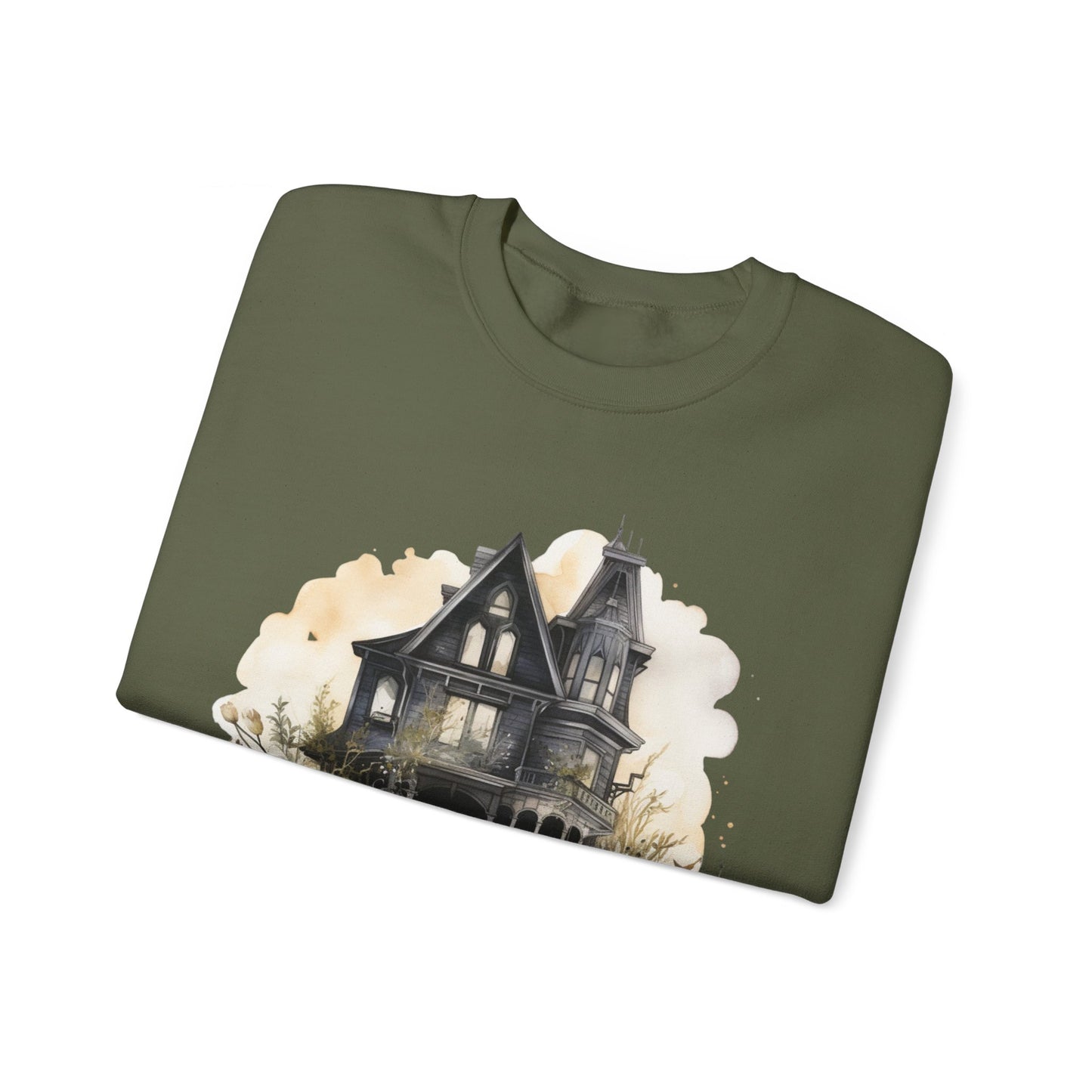 Halloween Boho Sweatshirt for Women featuring a mystical midnight haunted house illustration with boho design accents. Perfect for autumn festivities and casual wear. Gildan 18000 sweatshirt in Military Green. ReadyShirtAim.com