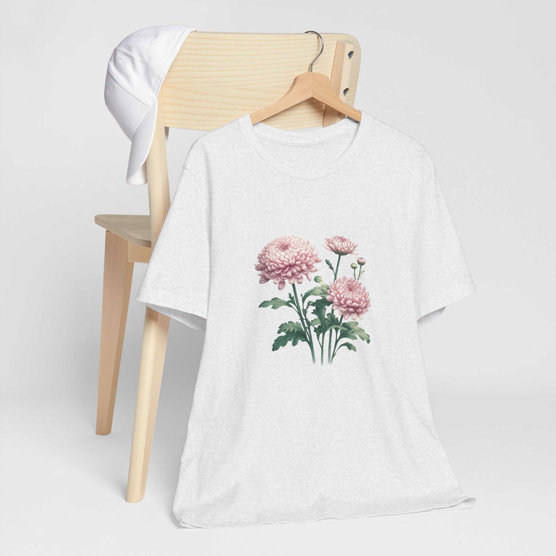 A t-shirt featuring a beautiful chrysanthemum for November. Perfect for November birthdays and floral art lovers. Comfortable and stylish for casual outings or celebrations. Bella+Canvas 3001 t-shirt in ash. ReadyShirtAim.com