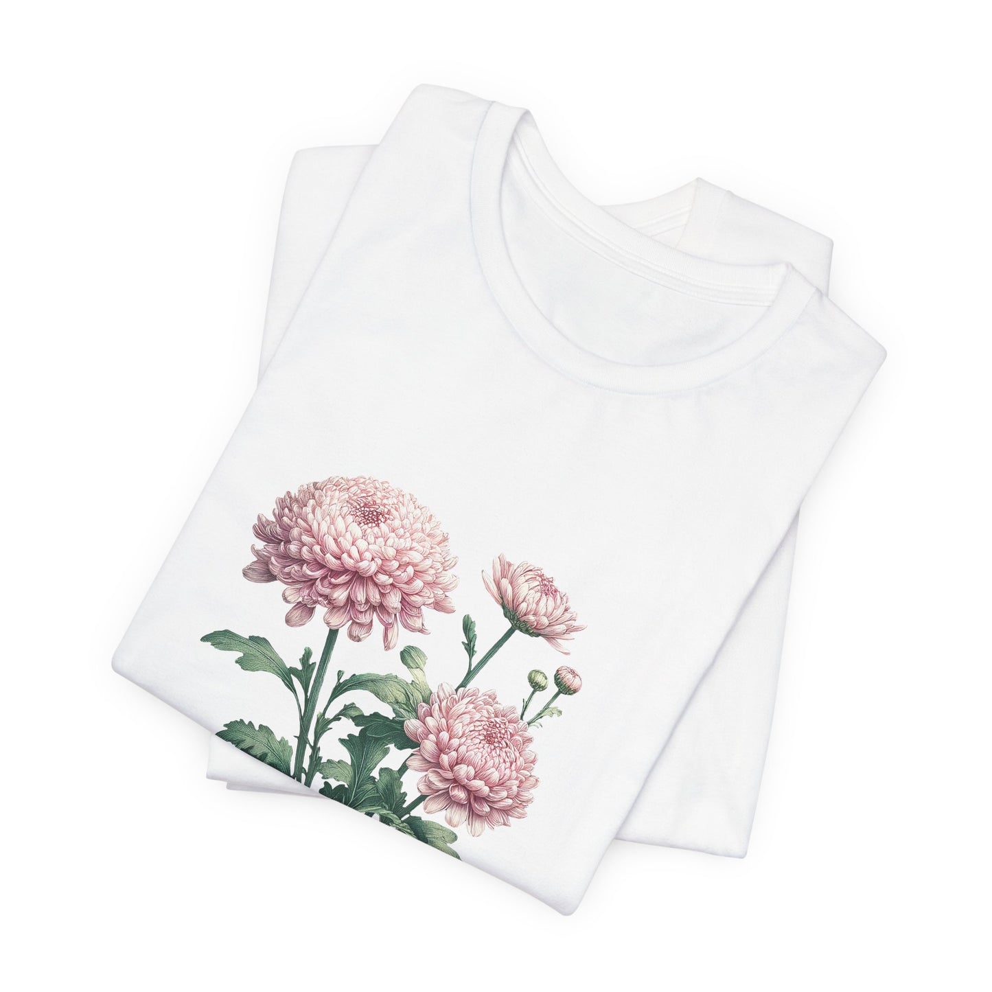 A t-shirt featuring a beautiful chrysanthemum for November. Perfect for November birthdays and floral art lovers. Comfortable and stylish for casual outings or celebrations. Bella+Canvas 3001 t-shirt in white. ReadyShirtAim.com