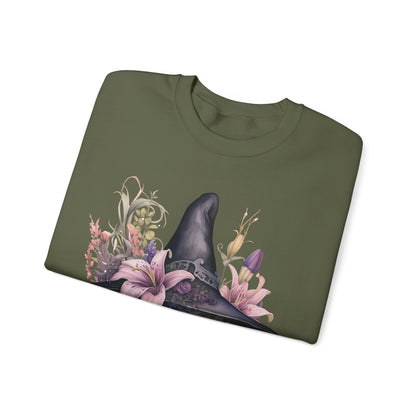 Charming Witch Hat & Flowers Sweatshirt with a watercolor illustration of a black witch hat and flowers in purple, pink, and green. Available in multiple dark and light colors and sizes. Gildan 18000 sweatshirt in Military Green. ReadyShirtAim.com