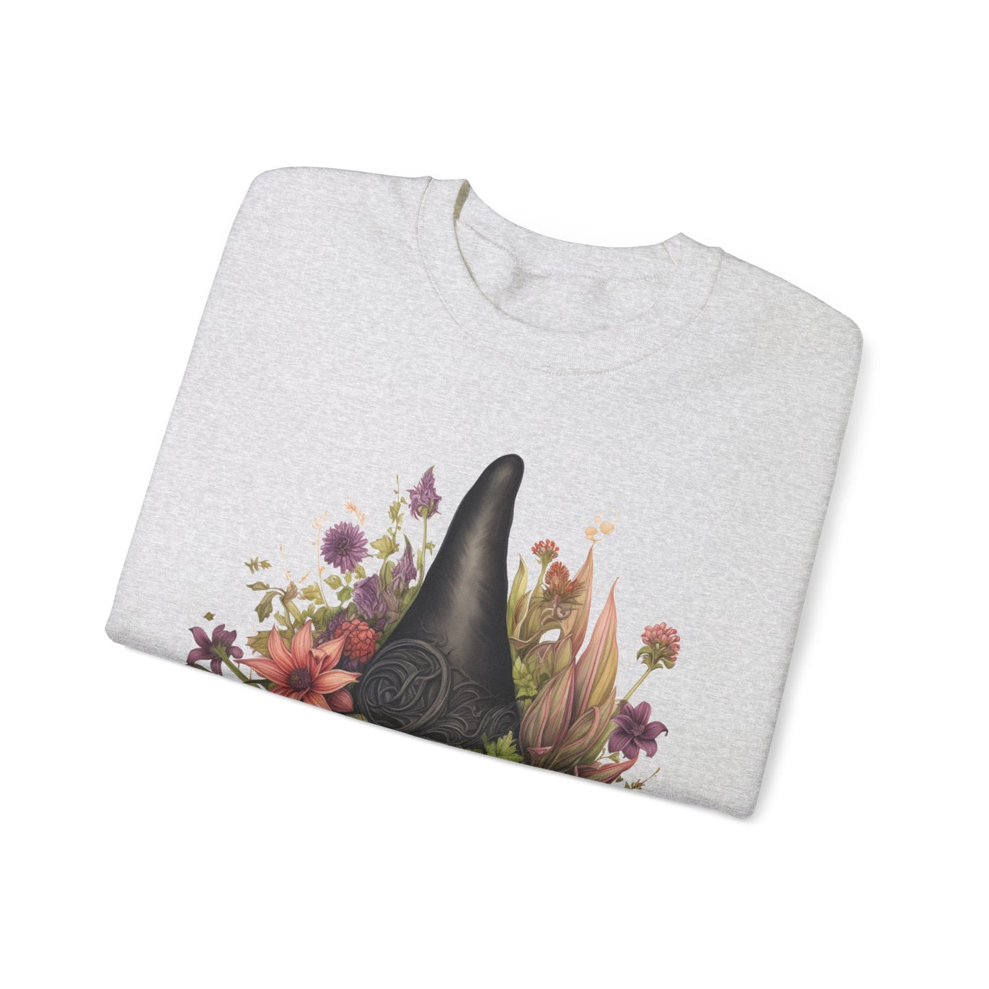 Gothic Boho Witch Hat & Flowers Halloween Sweatshirt for Women with a detailed witch hat and floral illustration. Perfect for Halloween celebrations. Available in multiple dark and light colors and sizes. Gildan 18000 sweatshirt in ash. ReadyShirtAim.com