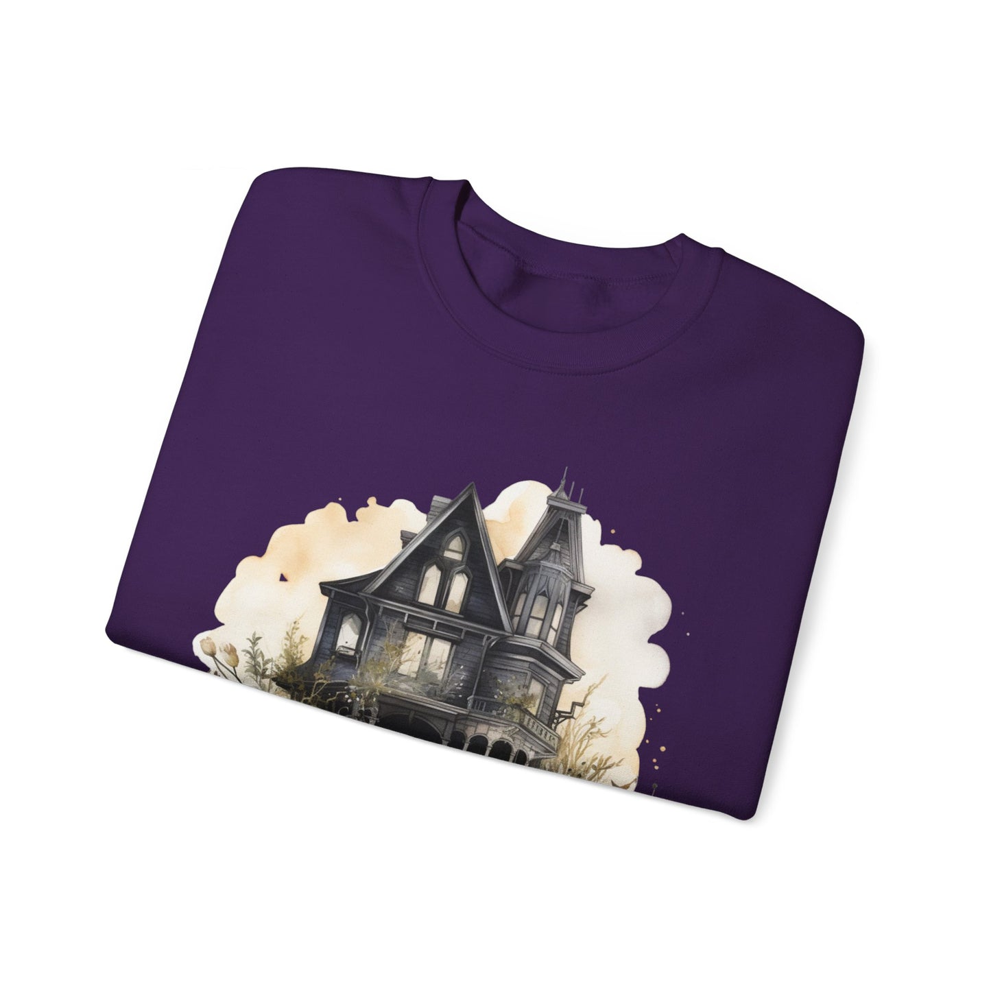 Halloween Boho Sweatshirt for Women featuring a mystical midnight haunted house illustration with boho design accents. Perfect for autumn festivities and casual wear. Gildan 18000 sweatshirt in Purple. ReadyShirtAim.com