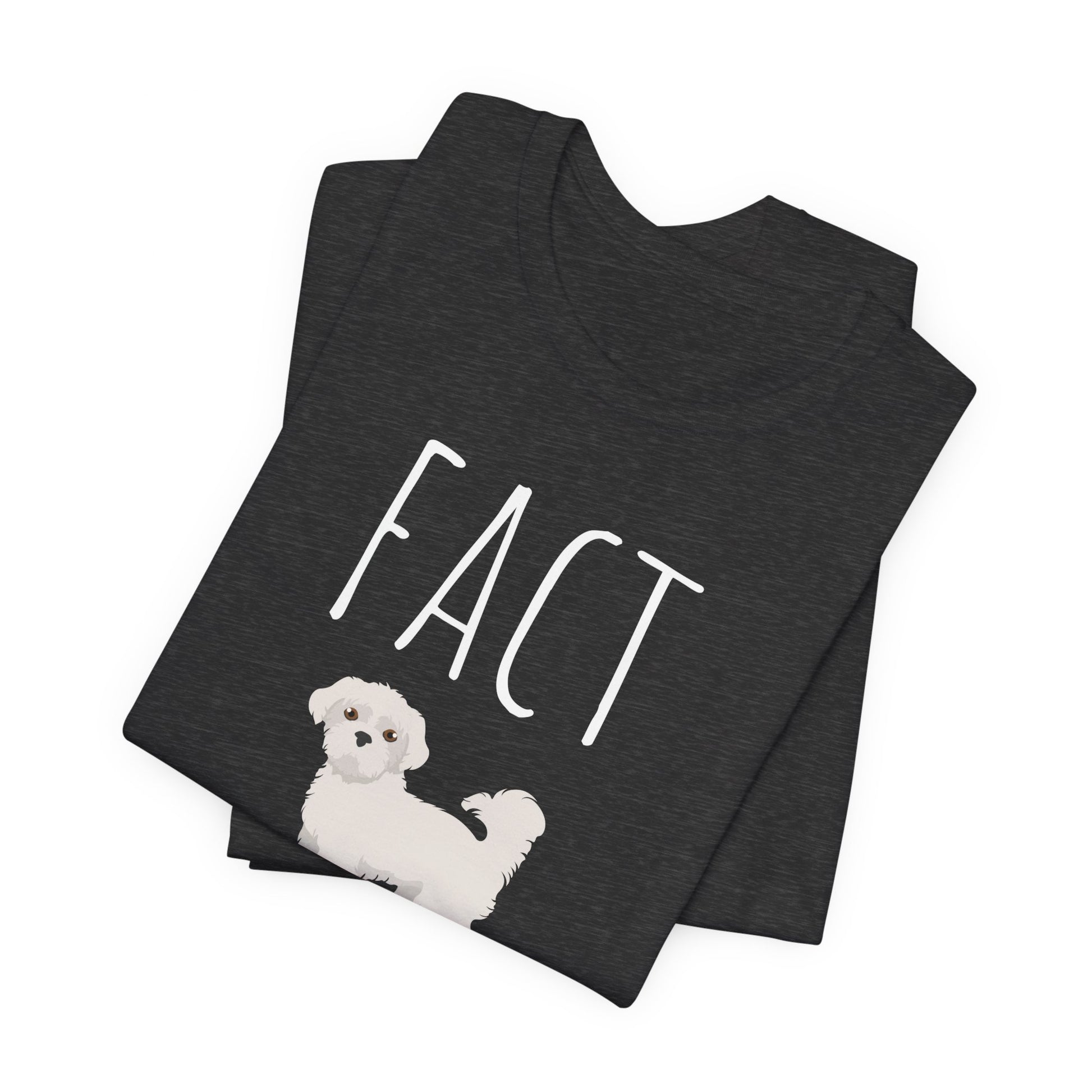 "Fact Checker" Maltese Dog T-Shirt for Unisex with a cute graphic of a Maltese dog and playful "Fact Checker" text underneath. Ideal for dog lovers. Ideal for dog lovers with a sense of humor. Available in multiple colors and sizes. Bella+Canvas 3001 t-shirt in dark grey heather. ReadyShirtAim.com