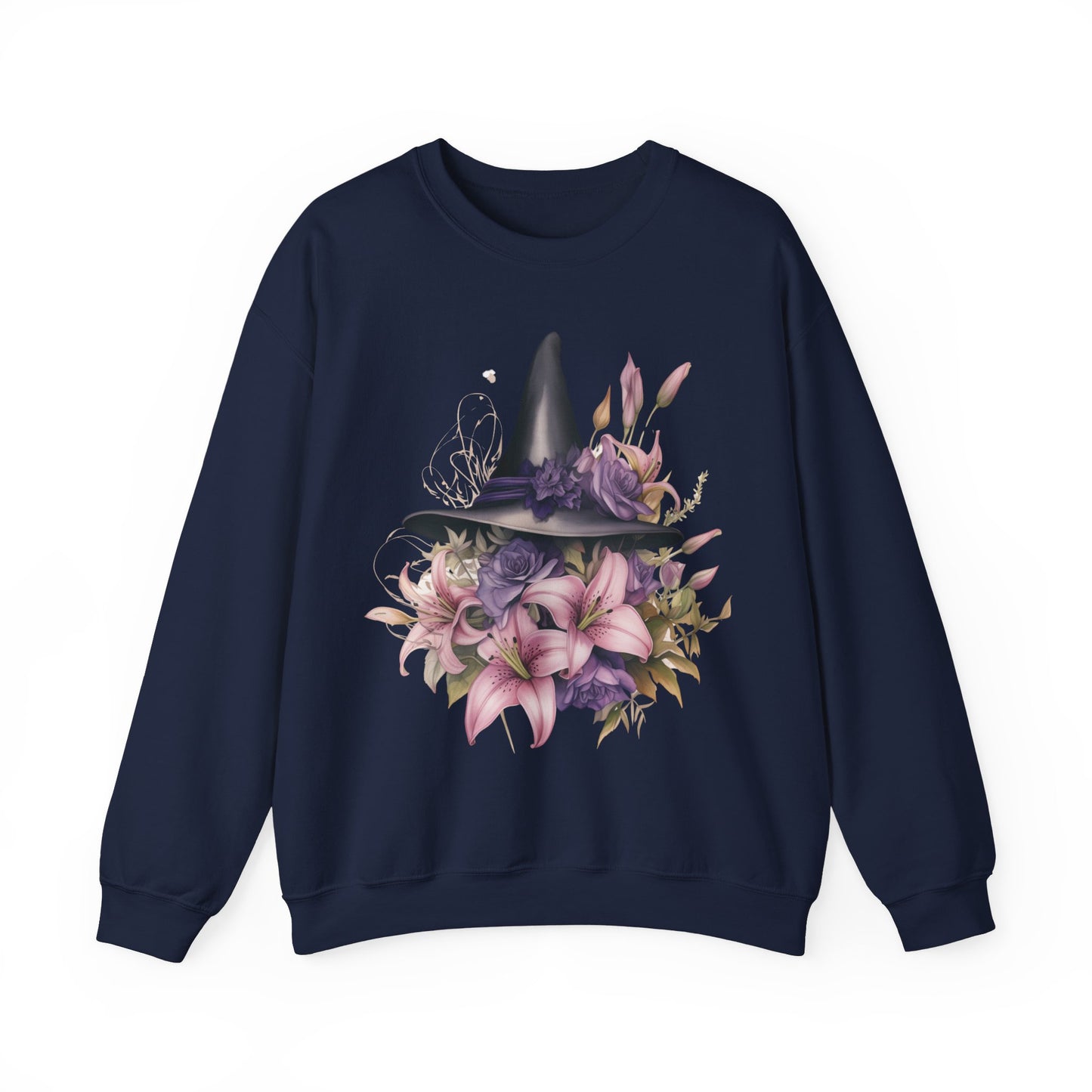 Enchanting Bohemian Witch Hat Sweatshirt with a watercolor illustration of a black witch hat surrounded by flowers in purple, pink, and green tones. Available in multiple dark ang light colors and sizes. Gildan 18000 sweatshirt in Navy. ReadyShirtAim.com