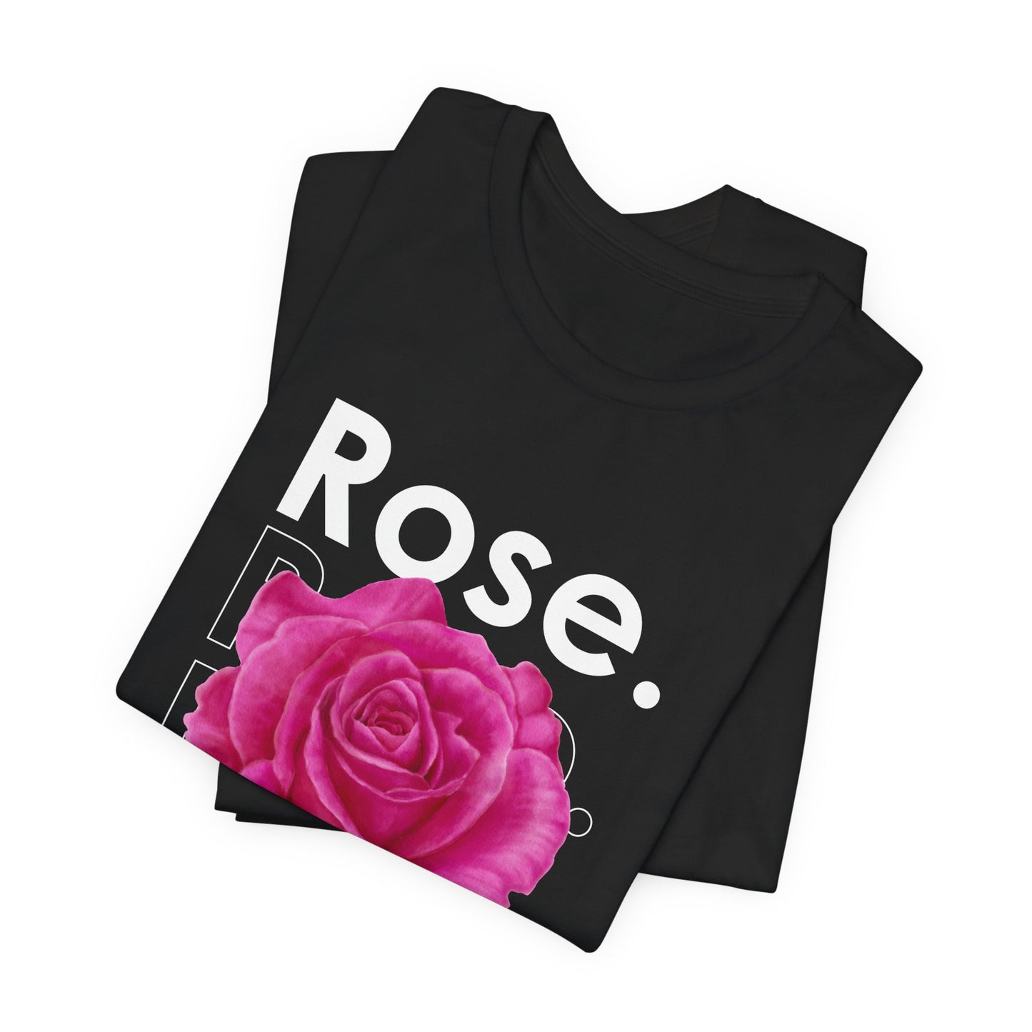 A t-shirt featuring a stunning bright pink watercolor rose with the theme 'Vibrant Essence.' Perfect for those who adore bold floral art and nature. Comfortable and stylish for casual outings or celebrations. Bella+Canvas 3001 t-shirt in black. ReadyShirtAim.com