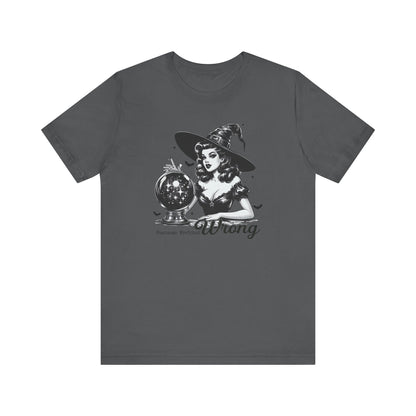 "Fearsome, Wretched, Wrong" Vintage 1950's Witch Halloween Women's T-Shirt featuring bold black text and a classic black-and-white image of a pin-up girl in a sexy witch costume, gazing into a large crystal ball full of stars and sparkles, with bats and stars in the background, perfect for adding a retro touch with mystical charm to your Halloween festivities. Available in multiple colors and sizes.  Bella+Canvas 3001 t-shirt in asphalt. ReadyShirtAim.com