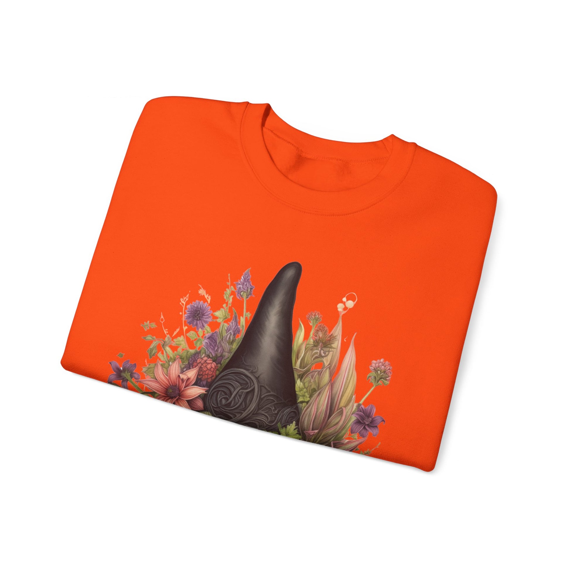 Gothic Boho Witch Hat & Flowers Halloween Sweatshirt for Women with a detailed witch hat and floral illustration. Perfect for Halloween celebrations. Available in multiple dark and light colors and sizes. Gildan 18000 sweatshirt in Orange. ReadyShirtAim.com