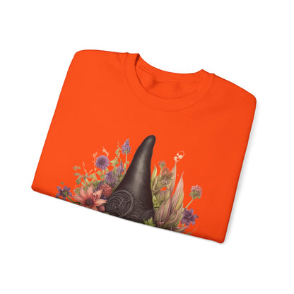 Gothic Boho Witch Hat & Flowers Halloween Sweatshirt for Women with a detailed witch hat and floral illustration. Perfect for Halloween celebrations. Available in multiple dark and light colors and sizes. Gildan 18000 sweatshirt in Orange. ReadyShirtAim.com