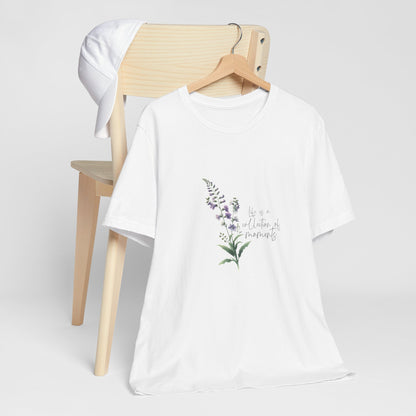 A t-shirt featuring a beautiful larkspur for July with the quote “Life is a collection of moments.” Perfect for July birthdays and floral art lovers. Comfortable and stylish for casual outings or celebrations.. Bella+Canvas 3001 t-shirt in white. ReadyShirtAim.com