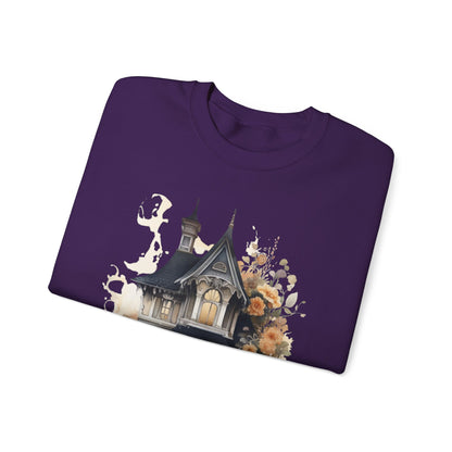 Halloween Boho Sweatshirt for Women featuring a haunted house illustration with boho design elements. Perfect for autumn festivities and casual wear. Gildan 18000 sweatshirt in Purple. ReadyShirtAim.com