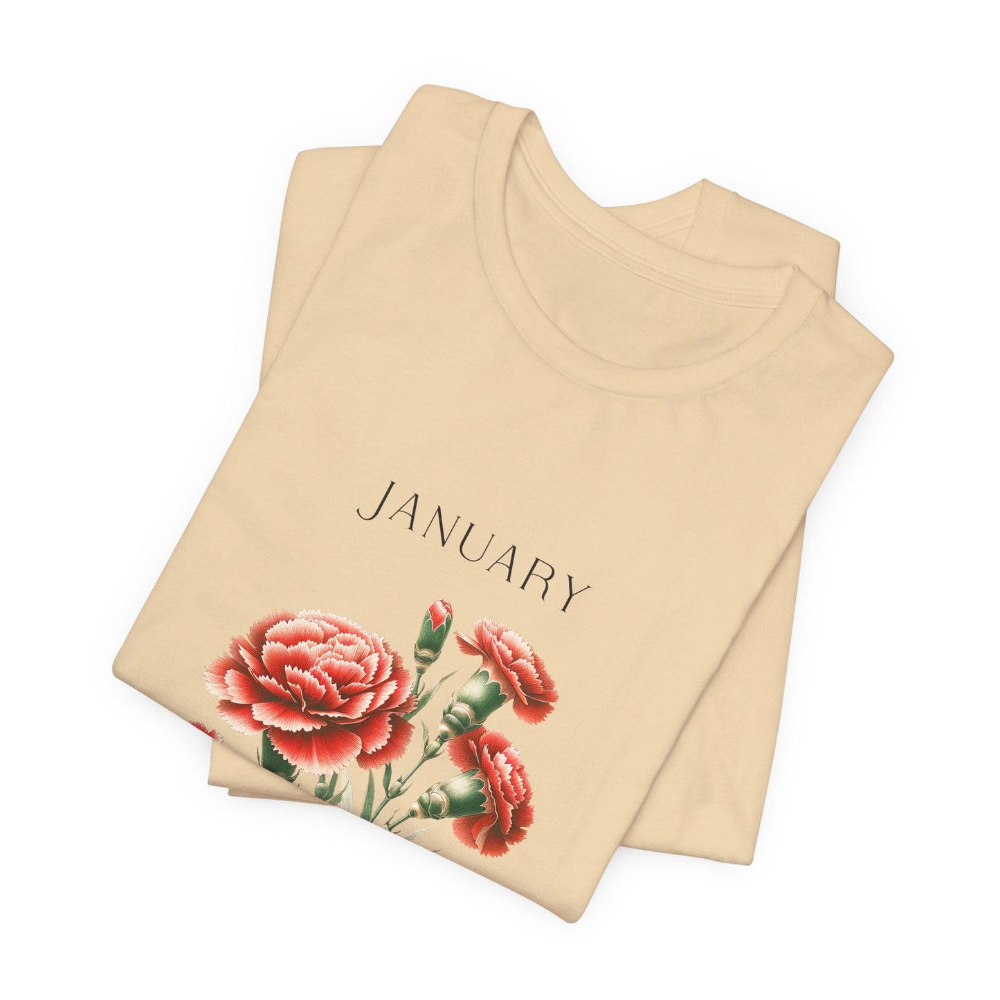 A t-shirt featuring a beautiful carnation for January with traits Devotion, Love, Loyalty. Perfect for January birthdays and floral art lovers. Comfortable and stylish for casual outings or celebrations. Bella+Canvas 3001 t-shirt in soft cream. ReadyShirtAim.com