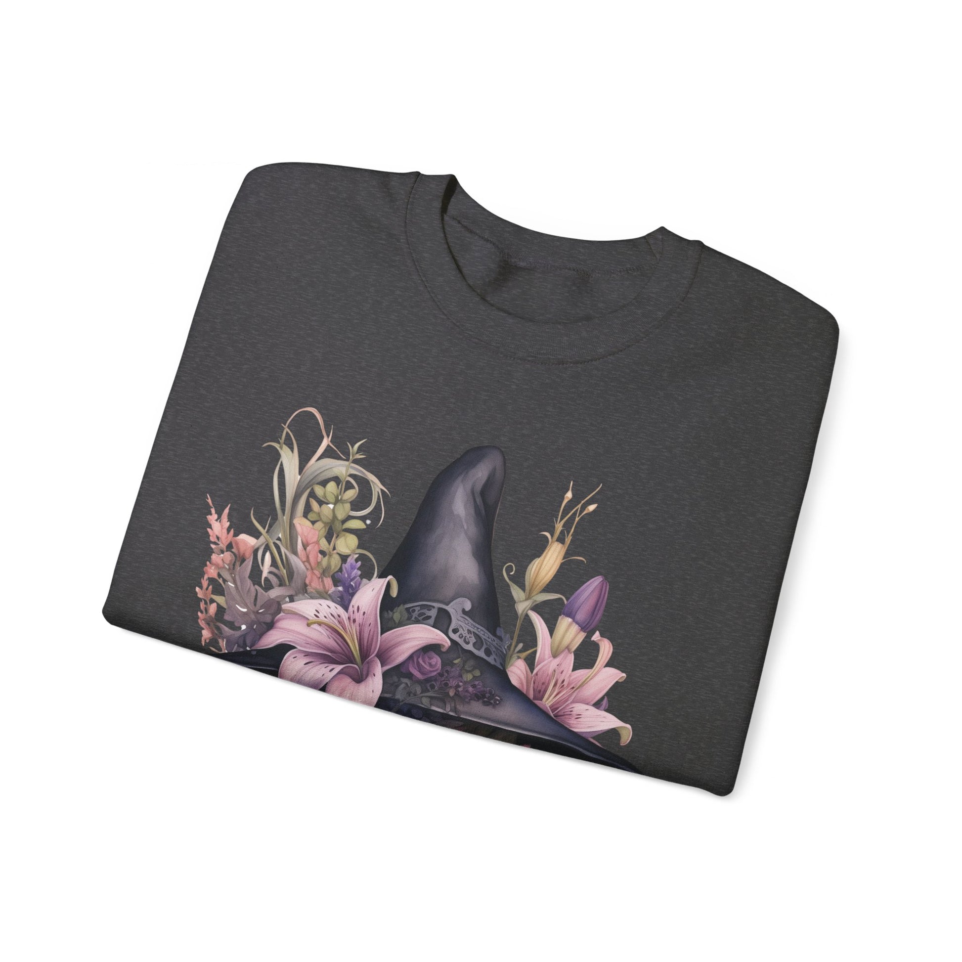 Charming Witch Hat & Flowers Sweatshirt with a watercolor illustration of a black witch hat and flowers in purple, pink, and green. Available in multiple dark and light colors and sizes. Gildan 18000 sweatshirt in Dark Grey Heather. ReadyShirtAim.com